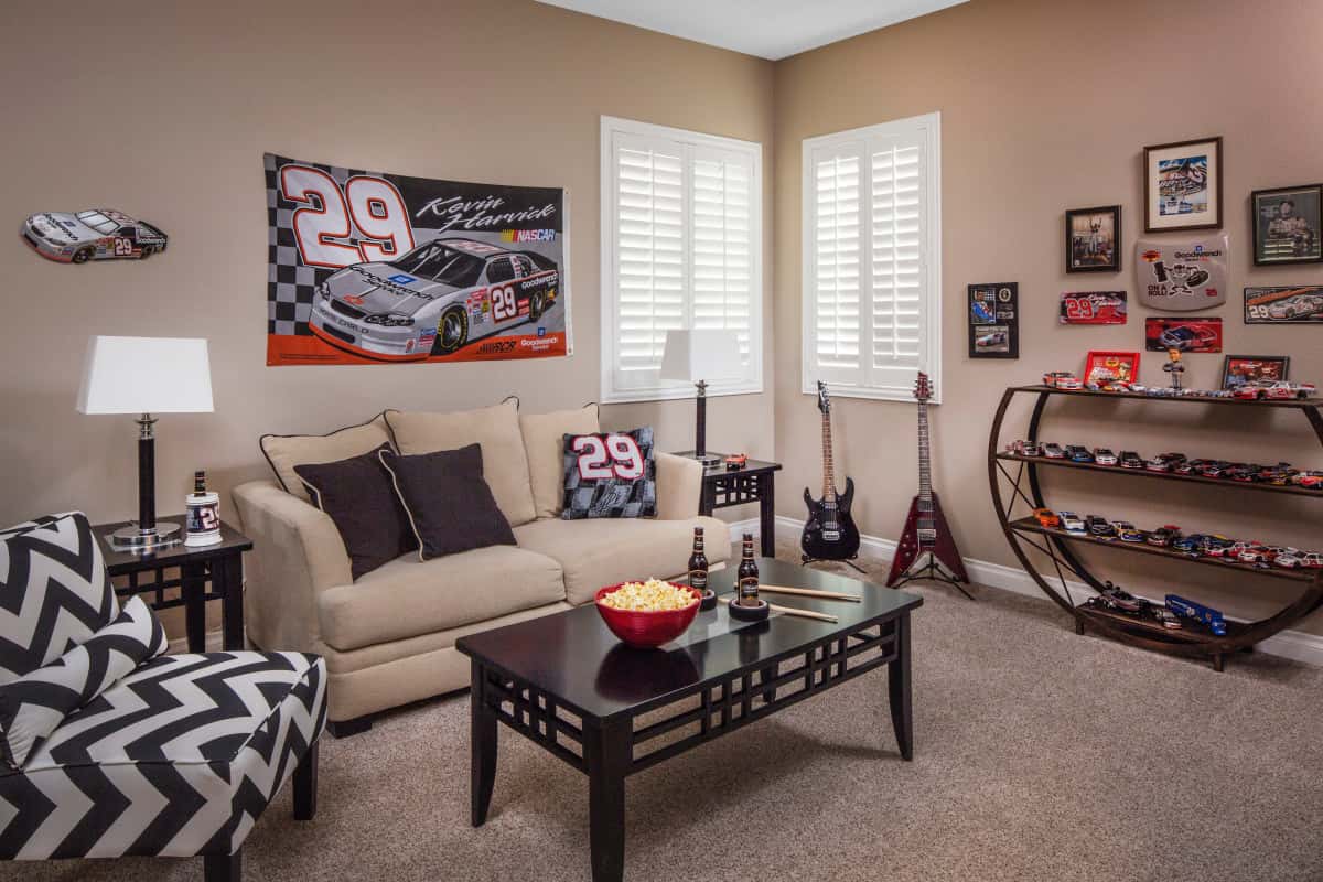 Boston man cave with shutters